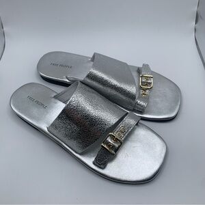 NIB Free People Mila Minimal Flat Sandal Women's size 7.5 silver  metallic 1407